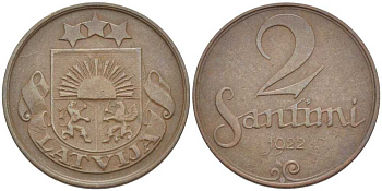 ЛАТВИЯ 2 САНТИМА 1922 ПЕРВАЯ РЕСПУБЛИКА (1918-1939) KM 2 бронза 119-137