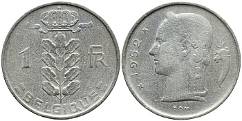 БЕЛЬГИЯ 1 ФРАНК 1952 BELGIQUE KM 142.1 медно-никель 4388-123