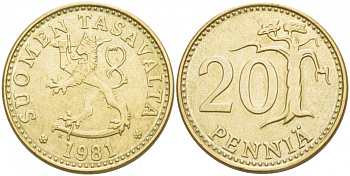 ФИНЛЯНДИЯ 20 ПЕННИ 1981 K KM 47 алюминиевая бронза UNC 3718-657