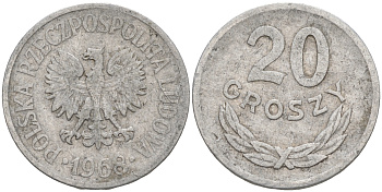 ПОЛЬША 20 ГРОШЕЙ 1968 MW KM A47 алюминий VF 188-331