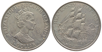 Острова Питкэрн 1 доллар 1989 200 лет HMAV Bounty KM 4 медно-никель BU 3896-1143