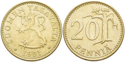 ФИНЛЯНДИЯ 20 ПЕННИ 1981 K KM 47 алюминиевая бронза UNC 3718-657