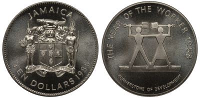 ЯМАЙКА 10 ДОЛЛАРОВ 1988 ГОД РАБОТНИКА, КРАЕУГОЛЬНЫЙ КАМЕНЬ РАЗВИТИЯ KM 138 медно-никель UNC 1080-8-32