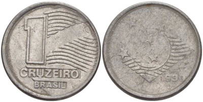 Бразилия 1 крузейро 1990 KM 617 нержавеющая сталь 201-817