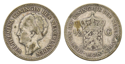 Нидерланды 1/2 гульдена 1928 Вильгельмина (1890-1948) KM 160 серебро 4623-718