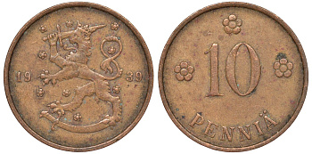 Финляндия 10 пенни 1939 KM 24 медь 51-3053