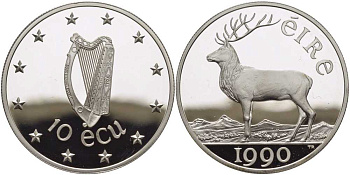 Ирландия 10 экю 1990 северный олень, диаметр 37,5 мм., вес 28 гр.  серебро  PROOF  1080-4-32