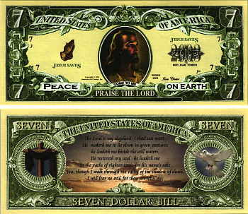 США 7 ДОЛЛАРОВ 2003 СУВЕНИРНАЯ БАНКНОТА, ВОССЛАВИМ ГОСПОДА ИИСУСА ХРИСТА, ЗАПОВЕДИ бумага UNC (ПРЕСС) 7198-40-4-1