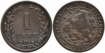 НИДЕРЛАНДЫ 1 ЦЕНТ 1900 ВИЛЬГЕЛЬМИНА (1890-1948) KM 107 бронза 112-169