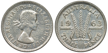 Австралия 3 пенса 1963 m, Елизавета II (1952-2022) KM 57 серебро 71-868