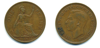Великобритания 1 пенни 1947 Георг VI (1936-1952) KM 845, Spink 4114 бронза 540-644