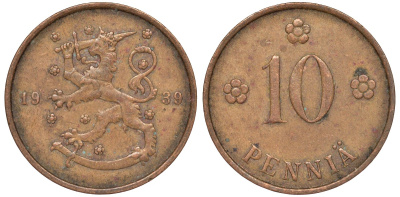 Финляндия 10 пенни 1939 KM 24 медь 51-3053