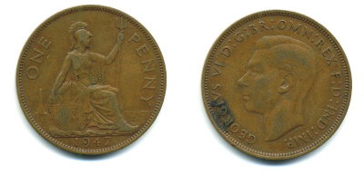 Великобритания 1 пенни 1947 Георг VI (1936-1952) KM 845, Spink 4114 бронза 540-644