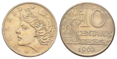 Бразилия 10 сентаво 1967 год-тип KM 578.1 медно-никель UNC 4646-745