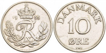 ДАНИЯ 10 ЭРЕ 1955 N; S, ФРЕДЕРИК IX (1947-1972) KM 841.1 медно-никель 4547-1018