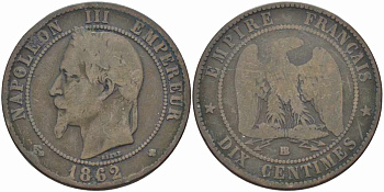 ФРАНЦИЯ 10 САНТИМОВ 1862 BB, НАПОЛЕОН III (1852-1870) KM 798.2, LE FRANC 134.6 бронза 4394-712