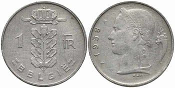 Бельгия 1 франк 1958 Belgie, Бодуэн I (1951-1993) KM 143.1 медно-никель 4175-251