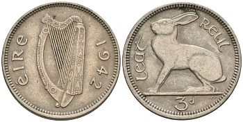 Ирландия 3 пенса 1942 заяц KM 12a медно-никель 4596-1057