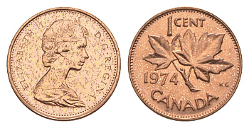 Канада 1 цент 1974 Елизавета II (1952-2022), кленовый лист KM 59.1 бронза PROOF-LIKE (BU) 4630-918