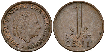 Нидерланды 1 цент 1963 Юлиана (1949-1980) KM 180 бронза    4598-228