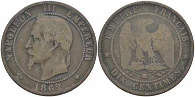 ФРАНЦИЯ 10 САНТИМОВ 1862 BB, НАПОЛЕОН III (1852-1870) KM 798.2, LE FRANC 134.6 бронза 4394-712
