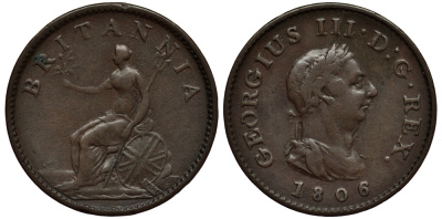 Великобритания 1 фартинг 1806 Георг III (1760-1820) KM 661, Spink 3782 медь 1524-1321