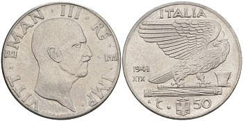 ИТАЛИЯ 50 ЧЕНТЕЗИМО 1941 R, ГОД XIX, ВИКТОР ЭММАНУИЛ III (1900-1946) KM 76b, VEM3. 1063 нержавеющая сталь 3853-317