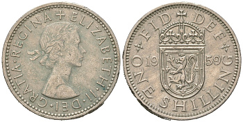 Великобритания 1 шиллинг 1959 Елизавета II (1952-2022), Шотландский герб, редкий год KM 905, Spink 4148 медно-никель 4619-917