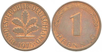 ФРГ 1 ПФЕННИГ 1975 G KM 105 J. 380 сталь плакированная медью 4532-511