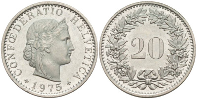 Швейцария 20 раппенов 1975 KM 29a медно-никель 55-946