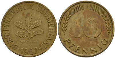 ФРГ 10 пфеннигов 1967 J J. 383, KM 108 сталь плакированная латунью    4603-333