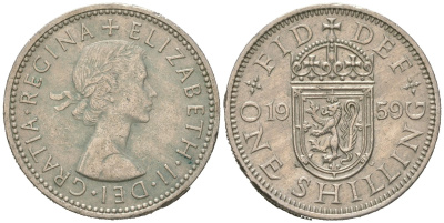 Великобритания 1 шиллинг 1959 Елизавета II (1952-2022), Шотландский герб, редкий год KM 905, Spink 4148 медно-никель 4619-917