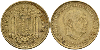 Испания 1 песета 1966 (69) Франсиско Франко (1939-1975) KM 796 алюминиевая бронза 4604-115
