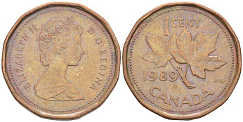 Канада 1 цент 1989 Елизавета II (1952-2022), кленовый лист KM 132 бронза 99-1111