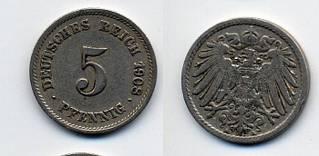 Германия 5 пфеннигов 1908 A KM 11, Jager 12, Weege 6 медно-никель 84-1666