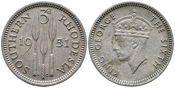 Британская Южная Родезия 3 пенса 1951 Георг VI (1936-1952) KM 20 медно-никель 4532-243