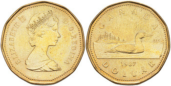 Канада 1 доллар 1987 утка, Елизавета II KM 157 никель плакированный алюминиевой бронзой aUNC 4114-914