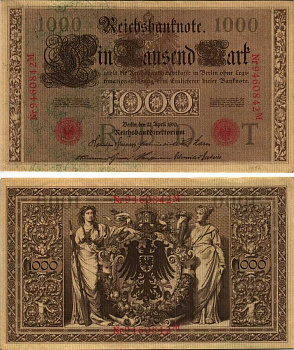 ГЕРМАНИЯ 1000 МАРОК 1910 21 АПРЕЛЯ 1910, КРАСНАЯ ПЕЧАТЬ, 7 ЦИФР В НОМЕРЕ СЕРИИ Pick 44b бумага 7523-28-1-2