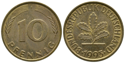 ФРГ 10 ПФЕННИГОВ 1993 F KM 108, J.383 сталь плакированная латунью 41-1026