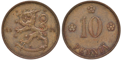 Финляндия 10 пенни 1939 KM 24 медь 51-3135