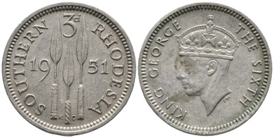 Британская Южная Родезия 3 пенса 1951 Георг VI (1936-1952) KM 20 медно-никель 4532-243