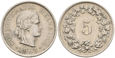 Швейцария 5 раппенов 1963 В KM 26 медно-никель    4152-1136