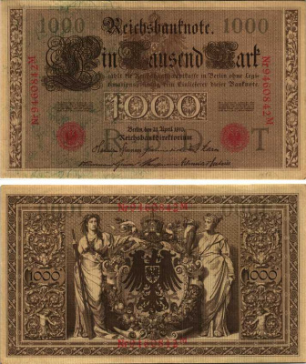 ГЕРМАНИЯ 1000 МАРОК 1910 21 АПРЕЛЯ 1910, КРАСНАЯ ПЕЧАТЬ, 7 ЦИФР В НОМЕРЕ СЕРИИ Pick 44b бумага 7523-28-1-2