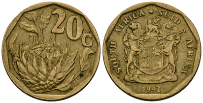 ЮАР 20 центов 1992 герб, цветок протея KM 136 сталь плакированная латунью 4173-961