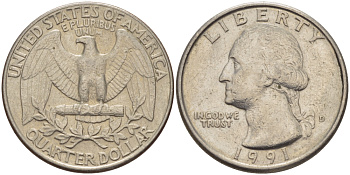 США 25 ЦЕНТОВ = КВОТЕР 1991 D, ВАШИНГТОН KM А164а медь плакированная медно-никелем 31-756