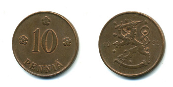 Финляндия 10 пенни 1921 республика (1918-1962) KM 24 медь 46-128
