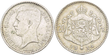 Бельгия 20 франков 1934 Альберт I (1909-1934), Der Belgen KM 104.1 серебро 4536-832