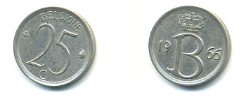 БЕЛЬГИЯ 25 САНТИМОВ 1966 BELGIQUE KM 153.1 медно-никель 86-1253