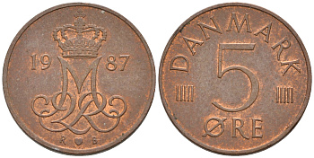 ДАНИЯ 5 ЭРЕ 1987 R; B, МАРГРЕТЕ II (1972-) KM 859.3 железо плакированное медью 4564-1212
