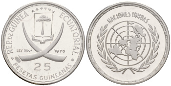 Экваториальная Гвинея 25 песет 1970 Организация Объединённых Наций, в запайке KM 6 серебро PROOF 3831-321